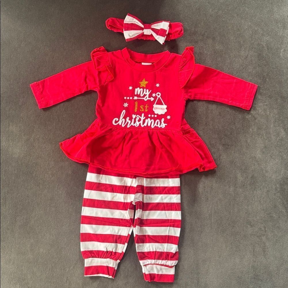 Infant Baby Girl Red White My 1st Christmas Outfit Set 3pcs 0-3 months NEW
